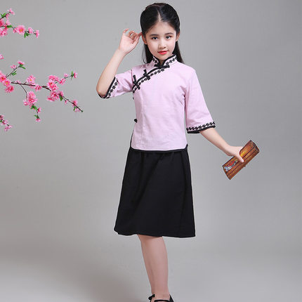 民国风儿童合唱朗诵舞台剧演出服棉麻短裙古风学生装女童旗袍粉色
