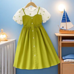 女孩假两件连衣裙夏装2025新款裙子儿童背带裙学院风泡泡袖公主裙