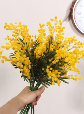 可搭配手捧花的小黄豆仿真花 黄色合欢花绒球款绢花拍照道具假花