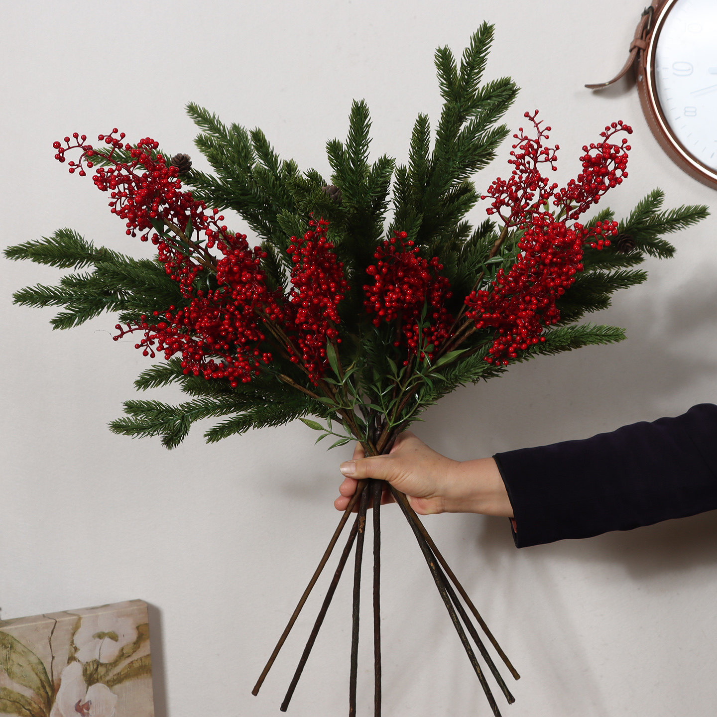 圣诞仿真花束红色小浆果松针插花商店商场节日氛围感布置摆件桌花