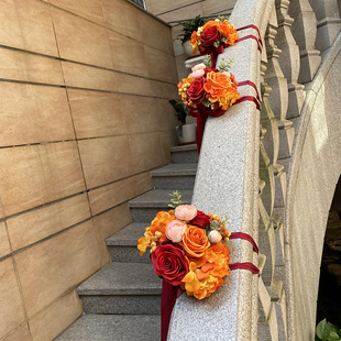 结婚楼梯扶手中式红色喜庆装饰仿真花束婚礼教堂椅背花婚房窗帘花