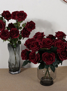 深红色玫瑰花束仿真花10头黑巴克影楼拍照拍写真背景商场软装假花