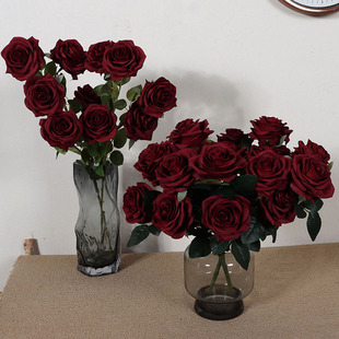 深红色玫瑰花束仿真花10头黑巴克影楼拍照拍写真背景商场软装假花
