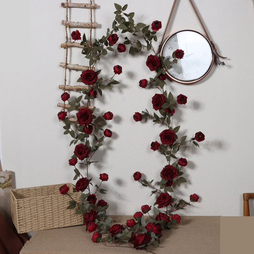 加密款酒红色仿真玫瑰牡丹花藤条