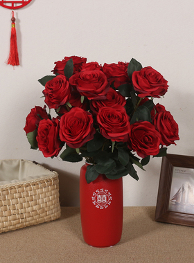 亲迎结婚喜庆婚房布置装饰 18头10头红色仿真玫瑰花束 摆件花假花