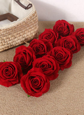 绒布玫瑰花头高仿真花 大红深红色节日礼盒蛋糕DIY装饰搭配假花朵