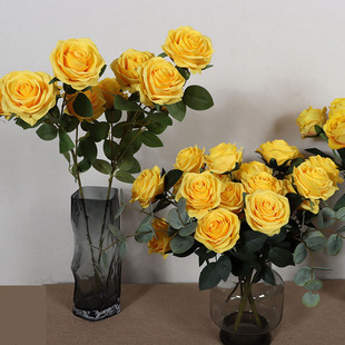 黄色玫瑰花仿真花束影楼拍照道具绢布商场服装店装饰冰封玫瑰假花