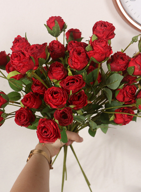 红色多头泡泡小玫瑰仿真花束 油画复古绢布假花手捧花DIY搭配材料