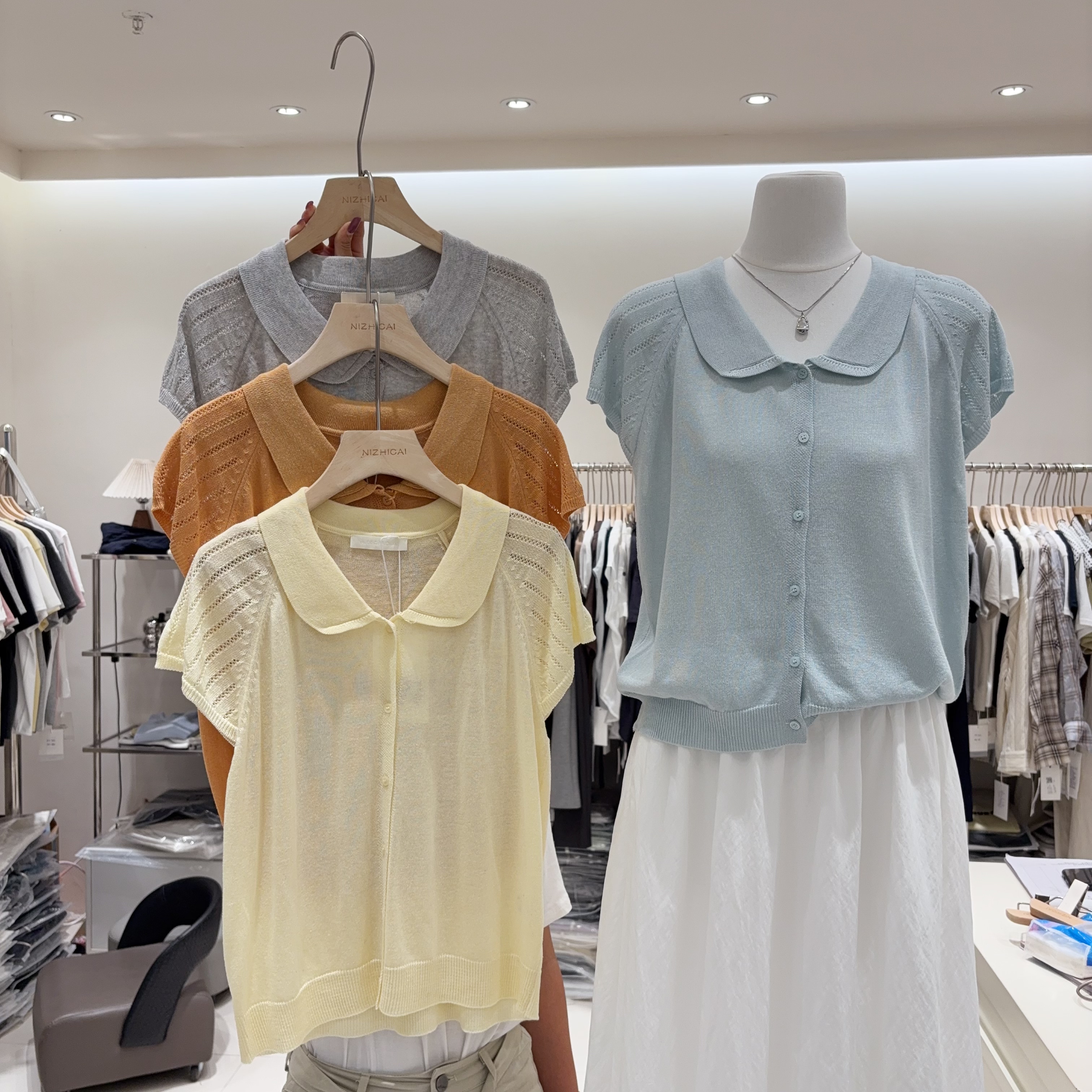 甜美娃娃领短袖针织衫女夏季亚麻莱赛尔麻花上衣正肩舒适薄款小衫