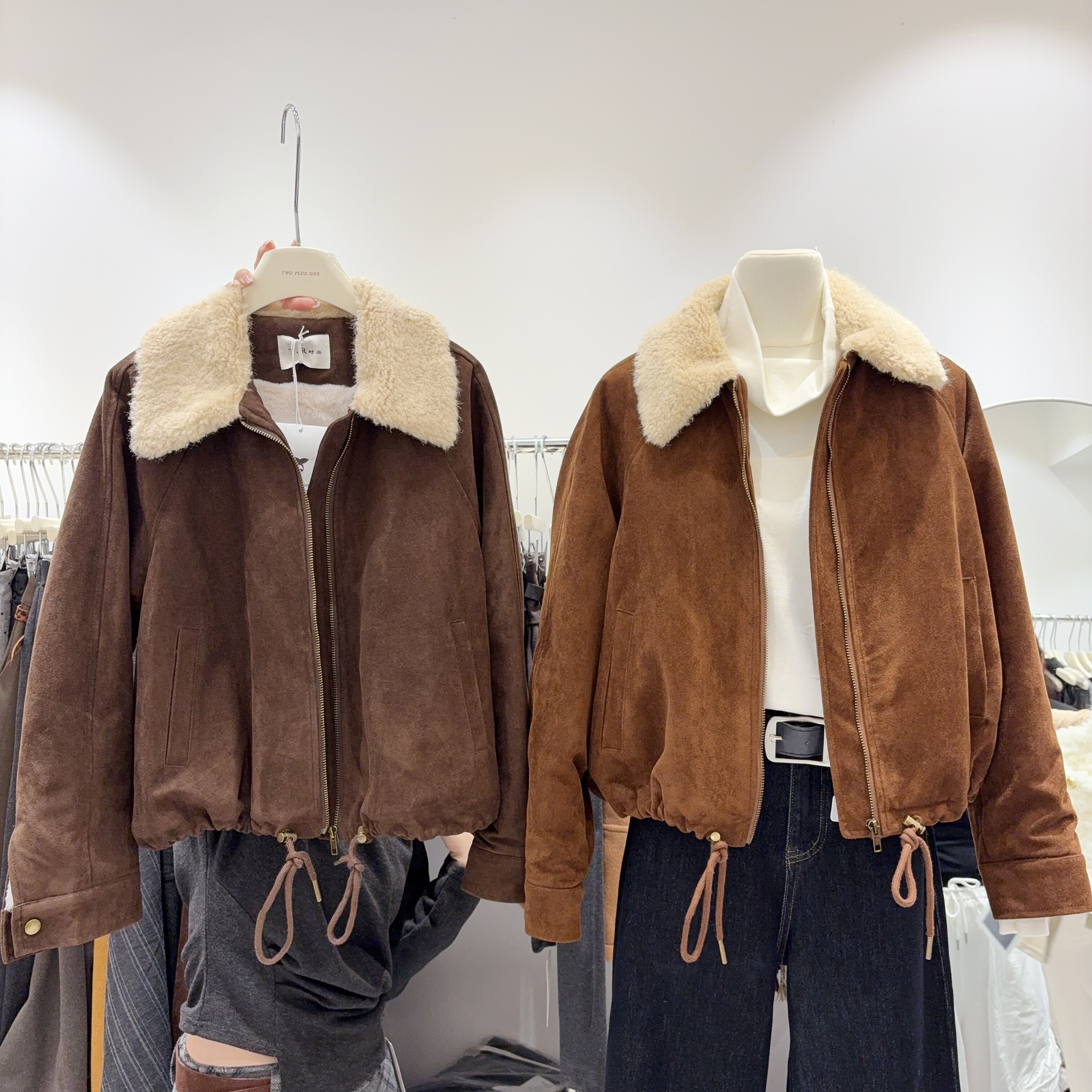 太暖啦！内里水貂毛翻领拉链式短款外套百搭毛领鹿皮绒休闲上衣女