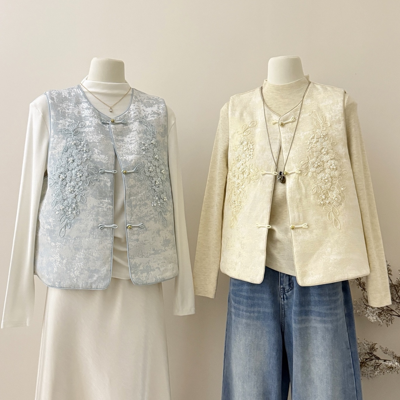 新中式国风订珠马甲背心外套加棉重工刺绣提花坎肩马夹无袖上衣