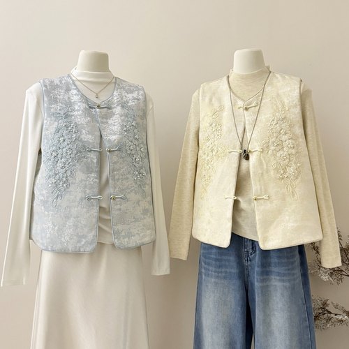 新中式国风订珠马甲背心外套加棉重工刺绣提花坎肩马夹无袖上衣