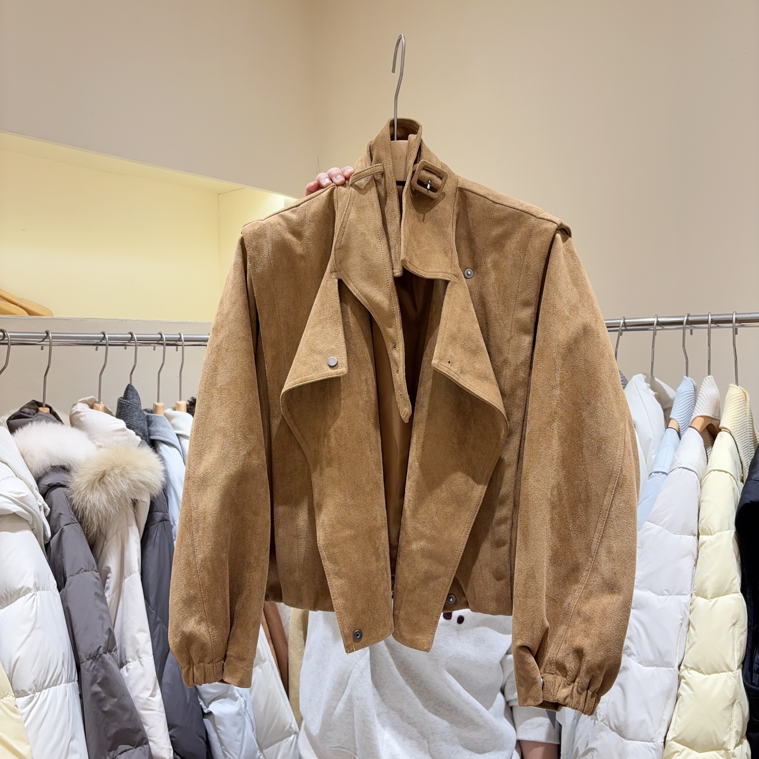 复古美拉德麂皮绒外套女冬季保暖加棉机车服夹克上衣小个子短款