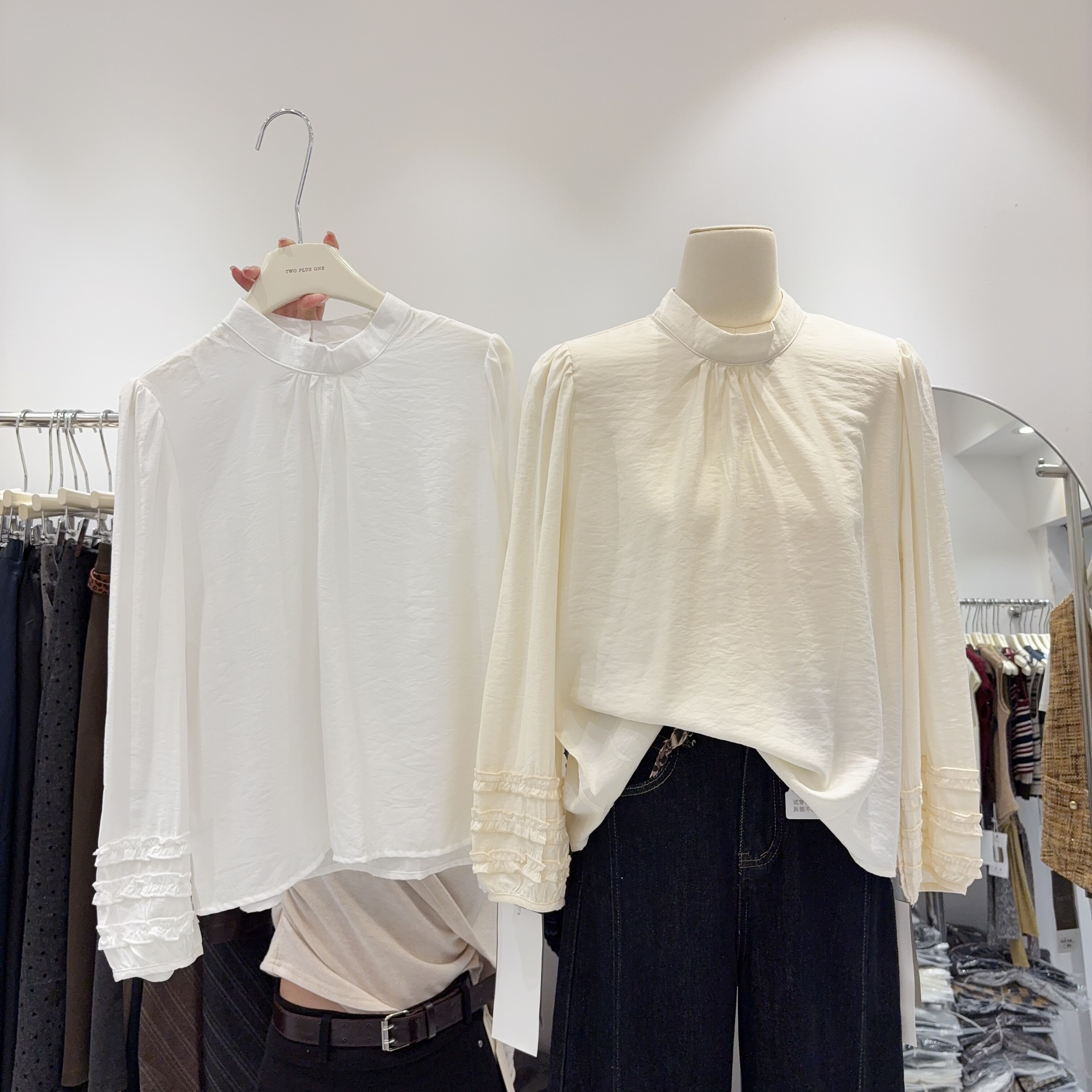 自留推荐入！气质木耳边花边灯笼百搭长袖衬衫上衣纯色立领衬衣