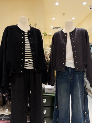 韩版时尚短款圆领棒球服外套女秋冬季小个子单排扣夹克开衫磨毛厚