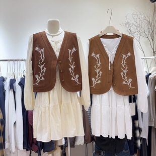 按头安利！小个子V领花朵刺绣牛仔马甲外套+系带长袖连衣裙两件套