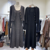 慵懒随意套装 吊带背心连衣裙两件套女长裙 外套 法式 小香风开衫