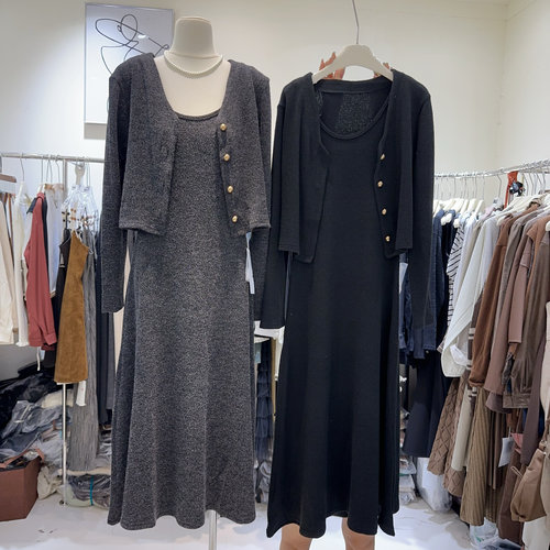 慵懒随意套装！法式小香风开衫外套+吊带背心连衣裙两件套女长裙