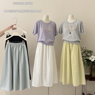 夏日轻薄透气棉麻面料半身裙 小个子松紧腰花苞裙糖果色A字裙女