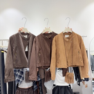 好韩的复古感 立领设计感斜拉链麂皮绒短款夹克外套女上衣小个子