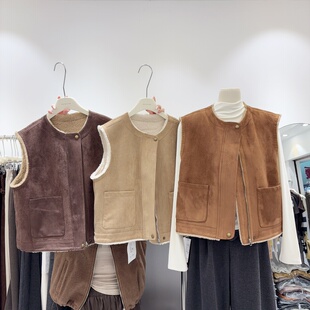 独特别致双面穿搭皮毛一体加厚鹿皮绒马甲外套女坎肩羊羔毛内胆女