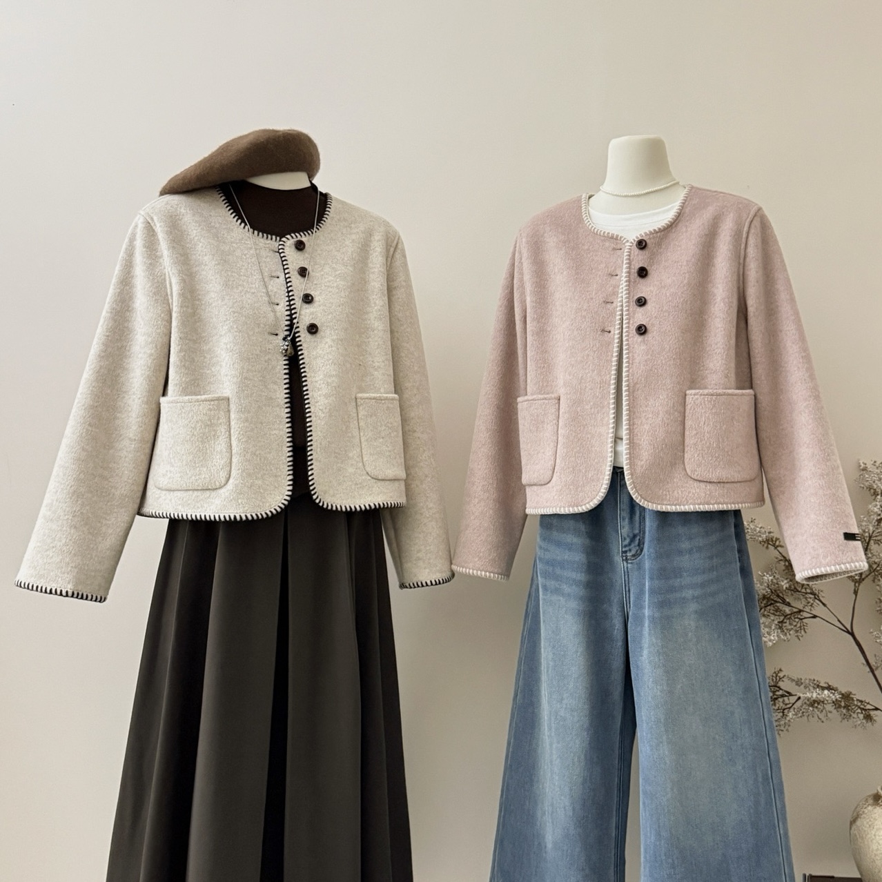 韩系小香风圆领双面羊毛呢外套女名媛气质小个子毛呢大衣矢短款