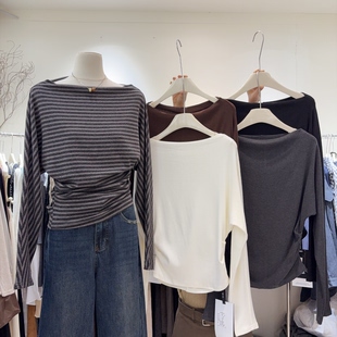 上衣纯色打底衫 长袖 立体感一字肩斜肩条纹T恤女褶皱修身 自留款