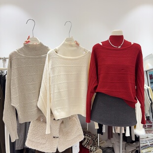设计感小众 一字肩麻花针织衫+半高领背心两件套韩版显瘦长袖毛衣