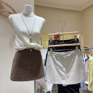 经典时髦！简约气质洗水牛仔棉A字短裙女高腰裤裙子不规则半身裙