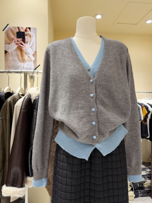 韩系v领假两件针织开衫女内搭软糯毛衣外套短款上衣秋冬显瘦撞色