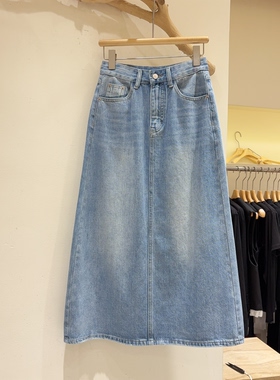 2026年春装流行新款高腰a字裙后开叉包臀一步裙浅蓝色牛仔裙中长