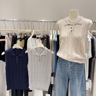 法式时髦学院POLO衫女上衣夏季轻薄微透麻花针织衫女 背心马甲
