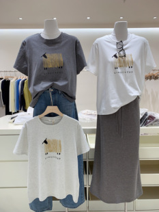 韩版设计感小众卡通印花T恤衫女短袖宽松纯棉女生打底衫上衣洋气