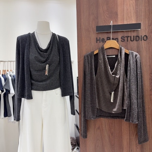 韩系设计感条纹挂脖荡领背心拼接小开衫外套假两件套上衣长袖小衫