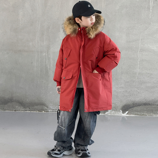 男童冬装红色棉服外套2026新款中大童儿童洋气加厚冬季中长款棉衣