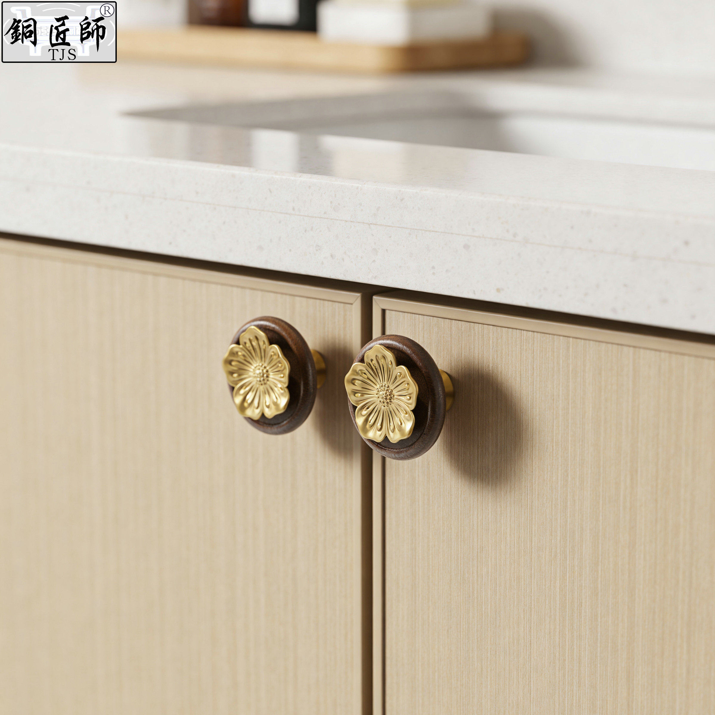 铜匠师法式复古轻奢黄铜原木胡桃木花朵圆形拉手抽屉柜门把手装饰