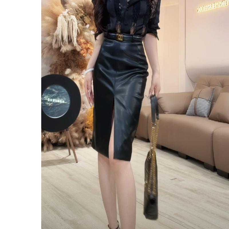 辣妹高级感气质高腰开叉半身皮裙女秋冬季新款时尚气质包臀中长裙