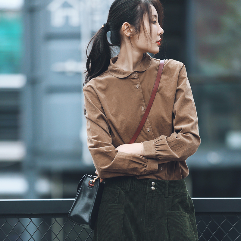 原创宽松港风条绒长袖衬衫