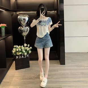 穿搭一整套女装 显瘦条纹针织短袖 夏季 时尚 潮 上衣蓝色牛仔短裤 套装
