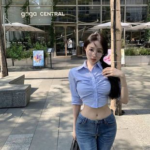 T恤辣妹性感别致高腰上衣 秋季 露脐polo领修身 显瘦纯欲风长袖 开衫