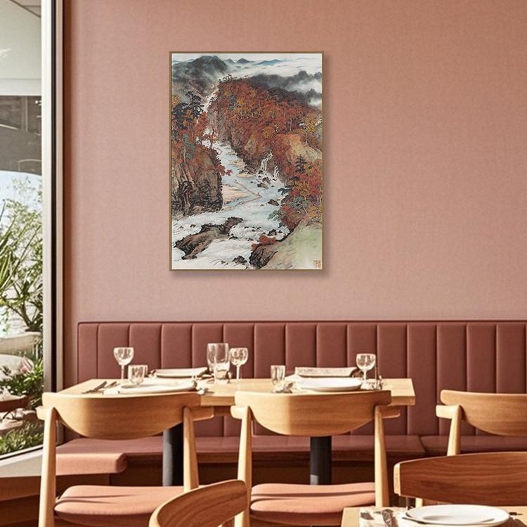 关山月秋溪放筏图新中式山水客厅茶室民宿酒店国画金属框装饰画图片