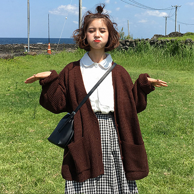 夏裝女裝韓版寬松口袋V領單排扣長袖針織毛衣開衫外套學生上衣