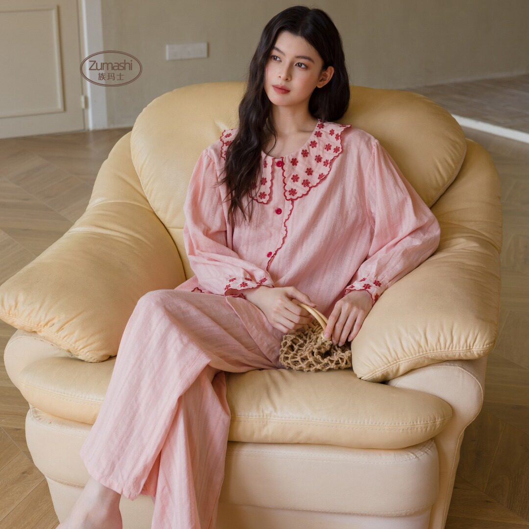 族玛士实体店同款特价刺绣长袖睡衣女网红春秋季韩版竹节纯棉商场