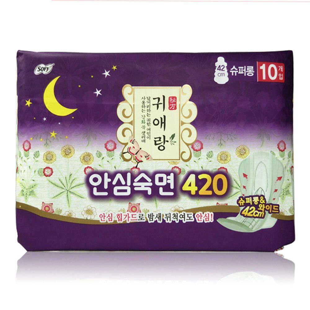 韩国进口贵艾朗超长夜用姨妈巾贵爱娘中草药卫生巾42cm*3棉柔护翼