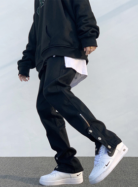 欧美高街vibe风黑色排扣牛仔裤潮牌工装机能设计感显瘦复古长裤男