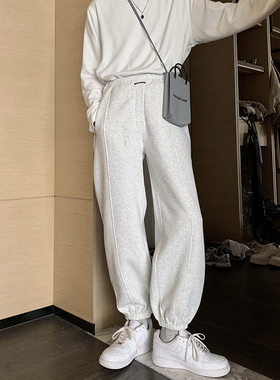 韩版潮宽松束脚休闲长裤男女同款百搭常规卫裤秋季纯棉灰色运动裤