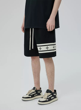 夏季新款十字架织带条纹宽松运动短裤男女重磅美式高街休闲五分裤