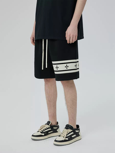 高街休闲五分裤 夏季 男女重磅美式 十字架织带条纹宽松运动短裤 新款