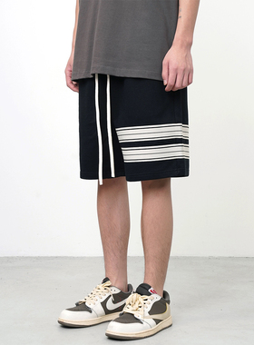夏季美式潮流宽松条纹织带重磅短裤运动外穿宽松休闲百搭五分裤男