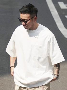 夏季重磅300g双纱长绒棉基础纯色小领口宽松百搭落肩短袖T恤男潮